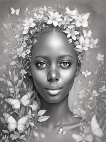 girl in flowers,african woman,african american woman,digital painting,graphite,linden blossom,mystical portrait of a girl,world digital painting,fantasy portrait,flowers png,african art,girl in a wreath,beautiful african american women,flora,nigeria woman,pencil drawings,flower girl,girl portrait,black woman,rwanda,Digital Art,Pencil Sketch