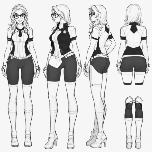 proportions,black and white pieces,harnesses,sewing pattern girls,fashion vector,police uniforms,crossdressing,retro paper doll,character animation,ladies clothes,costume design,concept art,office line art,women's clothing,one-piece garment,nurse uniform,comic character,suspenders,leg dresses,a uniform,Unique,Design,Character Design