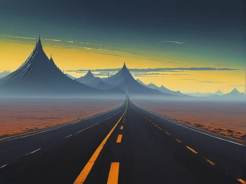 mountain road,mountain highway,vanishing point,open road,road to nowhere,roads,long road,road,the road,futuristic landscape,highway,road of the impossible,road forgotten,sand road,street canyon,desert desert landscape,desert landscape,alpine drive,mountain pass,straight ahead,Conceptual Art,Sci-Fi,Sci-Fi 07