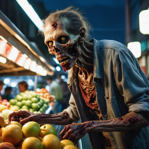 greengrocer,vendor,woman eating apple,zombie ice cream,day of the dead frame,shopkeeper,vendors,el dia de los muertos,days of the dead,the market,fruit market,zombie,street food,day of the dead,market,dia de los muertos,creepy clown,halloween and horror,indonesian street food,street photography,Photography,General,Realistic