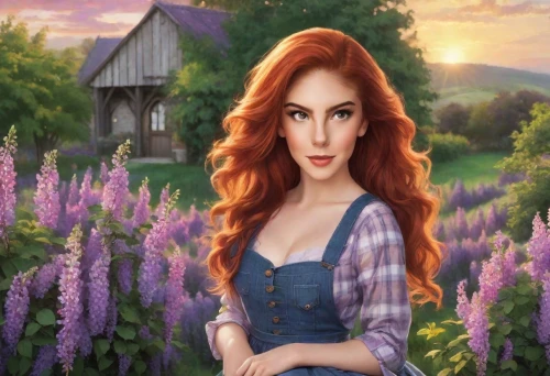 fantasy picture,rapunzel,the lavender flower,fantasy portrait,la violetta,romantic portrait,celtic woman,landscape background,girl in the garden,portrait background,flower background,springtime background,farm girl,fantasy art,farm background,country dress,spring background,world digital painting,fairy tale character,rosa ' amber cover,Photography,Realistic