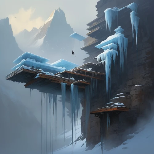 icicles,ice landscape,ice castle,mountain huts,mountain settlement,winter house,icicle,ice wall,ice planet,house in mountains,ice cave,snow house,house in the mountains,snow shelter,alpine village,snowhotel,alpine hut,glacier cave,snow landscape,winter landscape,Conceptual Art,Sci-Fi,Sci-Fi 01