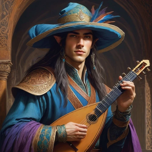 art bard,bard,fantasy portrait,musician,persian poet,male elf,guitar player,merlin,serenade,yi sun sin,leonardo devinci,musketeer,itinerant musician,cavaquinho,violinist,violin player,magus,fantasy art,harp of falcon eastern,guitarist,Art,Classical Oil Painting,Classical Oil Painting 42