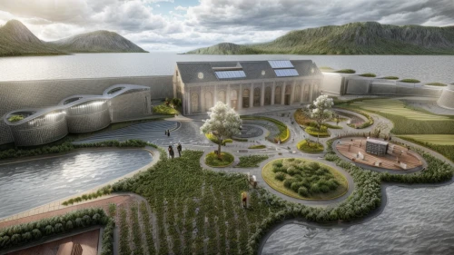 hydropower plant,futuristic art museum,3d rendering,eco hotel,chancellery,solar cell base,artificial island,hydroelectricity,futuristic architecture,floating islands,eco-construction,sewage treatment plant,school design,futuristic landscape,nuclear power plant,mansion,artificial islands,luxury property,powerplant,water plant