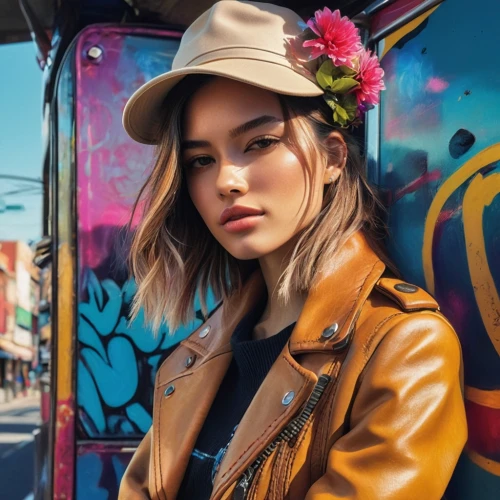 girl wearing hat,colorful floral,leather hat,beautiful girl with flowers,flower hat,beret,girl in flowers,brown hat,vintage floral,colorful background,street fashion,floral background,fashion street,graffiti,floral with cappuccino,floral,hat retro,fashionable girl,hat vintage,women fashion,Photography,Artistic Photography,Artistic Photography 08