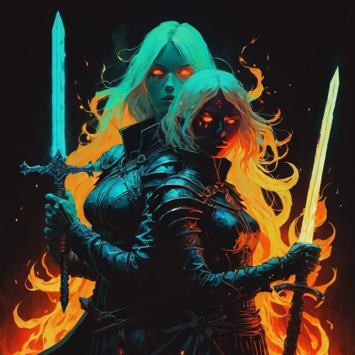 a200,witcher,warrior and orc,fire background,fiery,katana,female warrior,burning torch,fire siren,black widow,fire devil,burning hair,rosa ' amber cover,swordswoman,assassin,undead warlock,evil woman,fire master,black cat,angel and devil,Illustration,Paper based,Paper Based 19