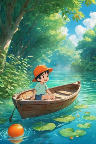 fishing float,canoeing,little boat,canoe,studio ghibli,raft,boat landscape,picnic boat,row boat,perched on a log,rowboat,pedalos,canoes,wooden boat,water boat,kayaker,paper boat,paddle boat,boat,paddling,Illustration,Japanese style,Japanese Style 19