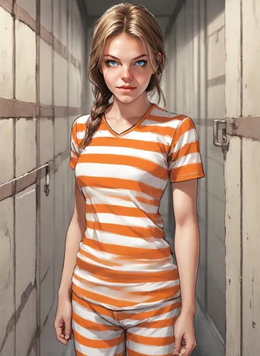 prisoner,prison,horizontal stripes,detention,olallieberry,chainlink,arbitrary confinement,pajamas,striped background,girl in t-shirt,in custody,isolated t-shirt,orange,tied up,lori,criminal,tshirt,pjs,liberty cotton,mariawald,Digital Art,Comic