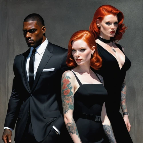 gentleman icons,gothic portrait,suits,black couple,black models,a black man on a suit,bond,suit of spades,james bond,trio,redheads,nightshade family,business icons,personages,mobster couple,rose family,ginger family,album cover,vanity fair,wedding icons,Conceptual Art,Fantasy,Fantasy 20