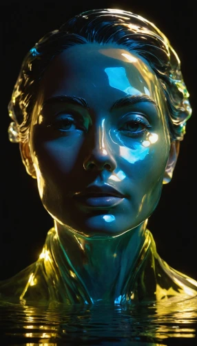 mary-gold,tears bronze,surface tension,in water,oil in water,water nymph,gold paint stroke,glazed,aura,oily,bronze sculpture,woman sculpture,neon body painting,plastic arts,immersed,the water,under the water,cgi,foil,el dorado,Unique,3D,Modern Sculpture