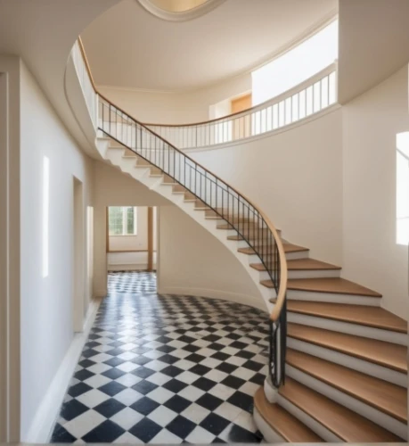 winding staircase,circular staircase,outside staircase,staircase,ceramic floor tile,wooden stair railing,spiral stairs,spiral staircase,stairwell,steel stairs,tile flooring,hallway space,checkered floor,stair,floor tiles,flooring,stairway,wooden stairs,stairs,hardwood floors