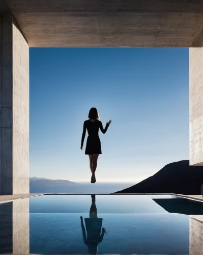 infinity swimming pool,mirror house,concrete ceiling,skylight,the threshold of the house,woman walking,roof landscape,sliding door,roof lantern,glass roof,woman silhouette,glass wall,water wall,dunes house,window film,flat roof,reflecting pool,daylighting,glass facade,archidaily,Illustration,Black and White,Black and White 33