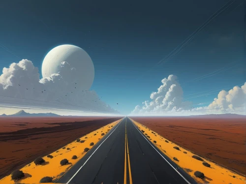 vanishing point,futuristic landscape,road to nowhere,earth rise,open road,the road,sand road,long road,roads,road,lunar landscape,road forgotten,virtual landscape,crossroad,straight ahead,journey,empty road,road of the impossible,the road to the sea,sci fiction illustration,Conceptual Art,Sci-Fi,Sci-Fi 07