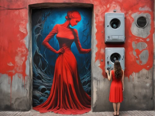 girl in a long dress,man in red dress,flamenco,lady in red,girl in red dress,girl in a long dress from the back,red gown,street artist,street artists,long dress,mural,urban street art,urban art,street art,blue door,creepy doorway,red paint,girl walking away,a girl in a dress,red wall,Conceptual Art,Graffiti Art,Graffiti Art 09