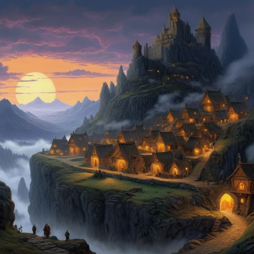 fantasy landscape,fantasy picture,mountain settlement,fantasy art,medieval town,castle of the corvin,fantasy city,fairy tale castle,heroic fantasy,aurora village,mountain village,knight village,knight's castle,hogwarts,fantasy world,witch's house,world digital painting,northrend,gold castle,home landscape,Art,Artistic Painting,Artistic Painting 32