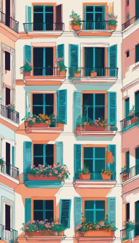 balconies,an apartment,apartment building,paris balcony,apartments,apartment block,balcony garden,colorful facade,balcony,portofino,apartment house,positano,houses clipart,french windows,apartment,apartment complex,buildings italy,terraces,block balcony,row of windows,Illustration,Japanese style,Japanese Style 06
