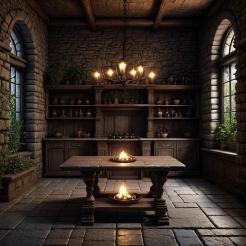 apothecary,victorian kitchen,candlemaker,dark cabinetry,kitchen design,kitchen,fireplaces,wooden beams,kitchen interior,tile kitchen,fireplace,the kitchen,wine cellar,vintage kitchen,wooden windows,pantry,writing desk,tavern,witch's house,dining room