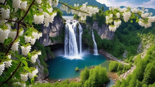 green waterfall,plitvice,lilly of the valley,waterfalls,wasserfall,water fall,mountain spring,helmcken falls,beautiful landscape,bridal veil fall,background view nature,brown waterfall,lilies of the valley,landscapes beautiful,waterfall,natural scenery,flower water,beautiful japan,green trees with water,nature landscape