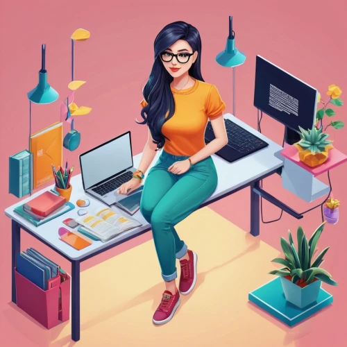 girl at the computer,women in technology,vector illustration,working space,office worker,freelancer,illustrator,girl studying,fashion vector,bookkeeper,freelance,office desk,blur office background,desk,accountant,neon human resources,work at home,graphic design studio,flat blogger icon,dribbble,Unique,3D,Isometric