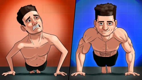 yoga guy,male poses for drawing,animated cartoon,body-building,push up,body building,cartoon people,push-ups,caricature,comparison,shirtless,yoga poses,human evolution,pair of dumbbells,fitness model,emogi,split personality,abdominals,bodybuilder,muscle man