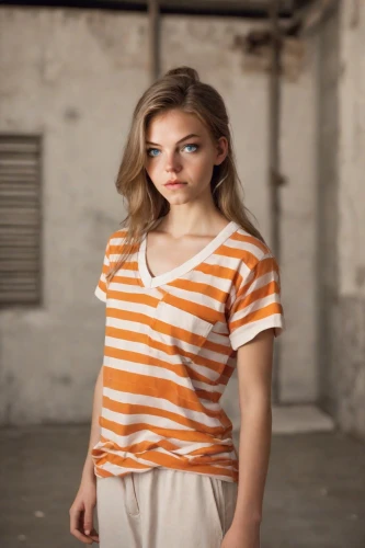 girl in t-shirt,striped background,cotton top,liberty cotton,horizontal stripes,photo session in torn clothes,isolated t-shirt,orange,polo shirt,digital compositing,tshirt,angelica,young model istanbul,menswear for women,orange color,in a shirt,the girl in nightie,clove,clementine,video scene,Photography,Natural