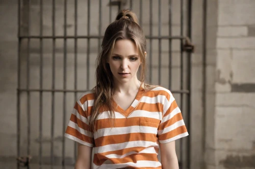 prisoner,horizontal stripes,long-sleeved t-shirt,isolated t-shirt,girl in t-shirt,the girl in nightie,liberty cotton,prison,handcuffed,lily-rose melody depp,drug rehabilitation,girl in a long,katniss,women clothes,menswear for women,pippi longstocking,offenses,depressed woman,orange robes,women's clothing,Photography,Natural
