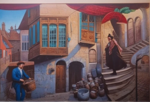 essaouira,meticulous painting,khokhloma painting,woman eating apple,medieval market,mural,fruit market,morocco,italian painter,hamelin,street scene,orientalism,the pied piper of hamelin,wall painting,murals,l'isle-sur-la-sorgue,woman holding pie,woman with ice-cream,woman playing,apulia,Art,Classical Oil Painting,Classical Oil Painting 39