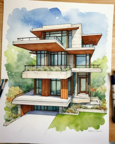 house drawing,mid century house,modern house,modern architecture,3d rendering,contemporary,dunes house,watercolor sketch,pencil color,mid century modern,coloring outline,two story house,garden elevation,house painting,architect plan,frame house,facade painting,architect,watercolor,house by the water,Illustration,Paper based,Paper Based 16
