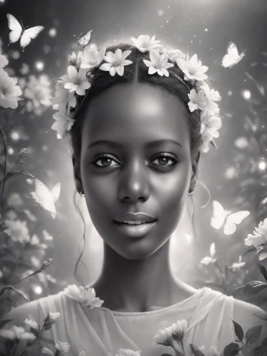 girl in flowers,african daisies,rwanda,african woman,mystical portrait of a girl,flower girl,girl in a wreath,african american woman,world digital painting,beautiful girl with flowers,digital painting,nigeria woman,beautiful african american women,fantasy portrait,girl portrait,marguerite,portrait background,romantic portrait,flower fairy,digital art,Photography,Cinematic