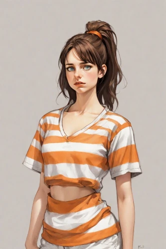 girl in t-shirt,horizontal stripes,cotton top,lori,girl drawing,girl portrait,katniss,stripes,pajamas,croft,digital painting,tee,lara,girl with cereal bowl,game illustration,polo shirt,bun cha,striped,study,pjs,Digital Art,Comic