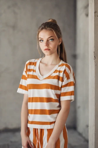 girl in t-shirt,striped background,horizontal stripes,isolated t-shirt,orange,orange color,teen,stripes,polo shirt,striped,prisoner,girl with cereal bowl,orange half,in a shirt,bright orange,girl in cloth,girl in a long,tshirt,girl in a historic way,tee,Photography,Natural