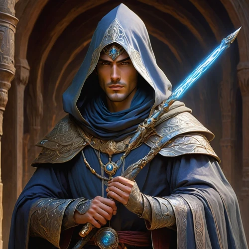 hooded man,prejmer,massively multiplayer online role-playing game,male elf,assassin,templar,middle eastern monk,aesulapian staff,heroic fantasy,hooded,male character,cg artwork,paladin,dodge warlock,merlin,sterntaler,kadala,libra,the abbot of olib,cloak,Art,Classical Oil Painting,Classical Oil Painting 42
