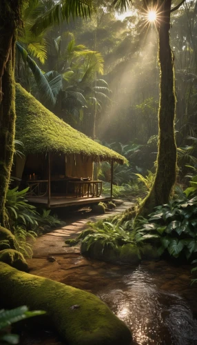 hobbiton,elven forest,fairy forest,forest glade,rainforest,greenforest,fairytale forest,log bridge,fantasy landscape,forest path,forest landscape,rain forest,the forest,house in the forest,green forest,full hd wallpaper,fairy village,wooden bench,forest workplace,cartoon video game background,Photography,General,Cinematic