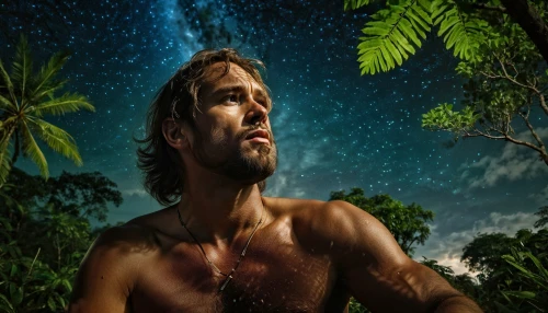 tarzan,nature and man,star-lord peter jason quill,digital compositing,south pacific,poseidon,cave man,gale,photo manipulation,caveman,garden of eden,gosling,artocarpus,fantasy picture,christ star,merman,rain forest,pachamama,photoshop manipulation,seychelles