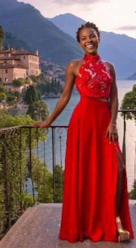 lake maggiore,lake como,malcesine,social,lago di lugano,lake garda,ascona,rhone,italy,annemone,ticino,sighetu marmatiei,bel paese,trento,antigua,villa balbianello,vaud,lady in red,italia,sirmione,Female,African American,Twin Braids,Teenager,M,Happy,Evening Dress,Outdoor,Lake Como