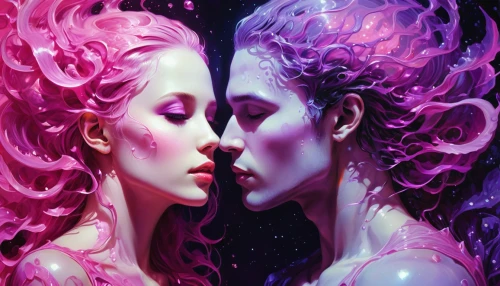 amorous,immersed,purple and pink,la violetta,pink-purple,psychedelic art,girl kiss,gemini,fantasy picture,kissing,fantasy art,ultraviolet,lovers,fractals art,making out,lovesickness,inter-sexuality,symbiotic,sirens,hot love,Conceptual Art,Fantasy,Fantasy 11