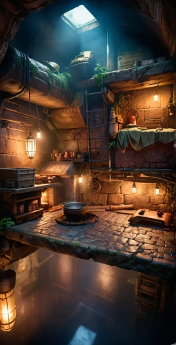 attic,collected game assets,tavern,apothecary,basement,cosmetics counter,the kitchen,dugout,wooden beams,game room,dungeon,nest workshop,3d render,kitchen interior,rustic,forge,dandelion hall,development concept,chamber,visual effect lighting,Photography,General,Cinematic