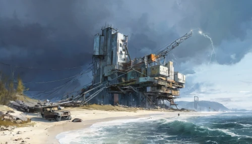 ship wreck,the wreck of the ship,post-apocalyptic landscape,oil rig,shipwreck,artificial island,oil platform,seaside resort,imperial shores,industrial landscape,gunkanjima,ruin,concrete ship,wasteland,ruins,industrial ruin,the wreck,shipyard,dreadnought,refinery,Conceptual Art,Sci-Fi,Sci-Fi 01