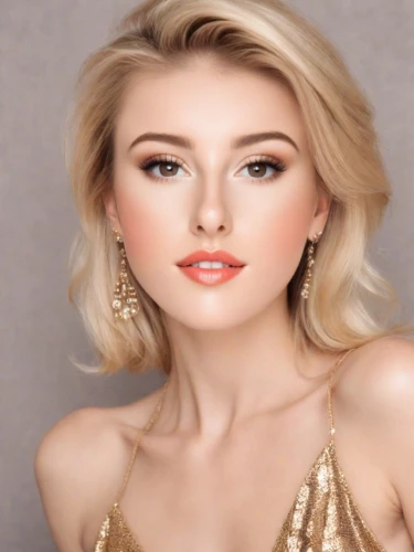 realdoll,beautiful young woman,portrait background,vintage makeup,short blond hair,beautiful model,romantic look,airbrushed,model beauty,gold jewelry,eurasian,makeup,pretty young woman,natural cosmetic,model,beautiful face,beautiful woman,cool blonde,retouching,blonde woman