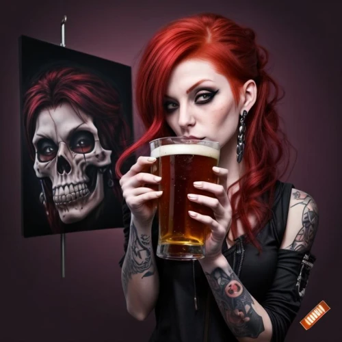 barmaid,catrina calavera,bartender,i love beer,pint,beer,drink icons,skull allover,red-haired,gothic portrait,a pint,pub,calavera,duff,pint glass,scull,have a drink,punk,calaverita sugar,drinking