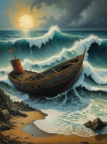 longship,sea landscape,shipwreck,boat landscape,wooden boat,viking ship,sea sailing ship,sea fantasy,boat on sea,trireme,viking ships,fishing boat,fantasy picture,seafaring,coastal landscape,sailing ship,fantasy art,seascape,sailing-boat,the wind from the sea,Conceptual Art,Oil color,Oil Color 05