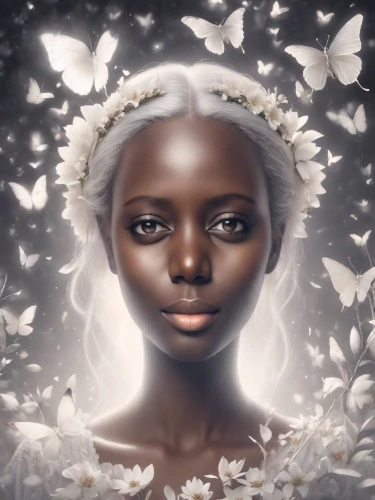 mystical portrait of a girl,white lady,fantasy portrait,african american woman,white bird,african woman,black skin,fairy queen,the angel with the veronica veil,faery,beautiful african american women,dove of peace,faerie,afro-american,black woman,white rose snow queen,white swan,inner beauty,white beauty,afro american,Photography,Cinematic