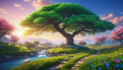 fairy forest,flourishing tree,spring background,flower tree,springtime background,blossom tree,full hd wallpaper,fantasy landscape,fairy world,druid grove,beauty scene,fairytale forest,flowering trees,idyllic,colorful tree of life,purple landscape,the mystical path,cartoon video game background,landscape background,elven forest,Photography,General,Realistic
