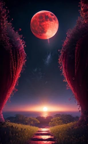 blood moon,blood moon eclipse,red planet,alien planet,lunar eclipse,alien world,fire planet,solar eruption,lunar landscape,lava,volcanic,red sky,lava balls,red earth,red sun,phase of the moon,moonrise,valley of the moon,volcano,total lunar eclipse