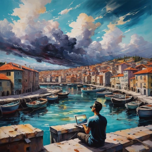 italian painter,fishing village,oil painting on canvas,oil painting,art painting,gondolier,harbor,boat landscape,sea landscape,fishing boats,harbour,boat harbor,fisherman,dubrovnik city,meticulous painting,dubrovnik,oil on canvas,dubrovnic,world digital painting,boats in the port,Illustration,Paper based,Paper Based 04