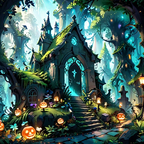 witch's house,halloween background,halloween wallpaper,halloween illustration,fairy village,haunted cathedral,halloween scene,witch house,haunted forest,fairy house,the haunted house,old graveyard,halloween border,haunted house,halloween banner,halloween poster,house in the forest,haunted castle,druid grove,forest chapel,Anime,Anime,Cartoon