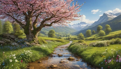 springtime background,spring background,landscape background,japanese sakura background,meadow landscape,meadow in pastel,spring morning,spring nature,the valley of flowers,sakura trees,spring leaf background,spring blossoms,spring meadow,spring blossom,fantasy landscape,sakura background,nature landscape,mountain meadow,salt meadow landscape,beautiful landscape,Photography,General,Realistic