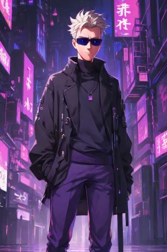 stylish boy,cyberpunk,cyber glasses,pyro,yukio,gangstar,stylish,spy,cyber,bomber,anime boy,persona,would a background,man's fashion,purple background,ninja,jacket,kado,trunks,killua,Digital Art,Anime