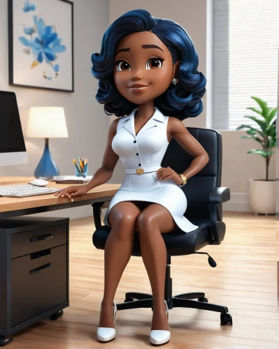 tiana,cute cartoon character,business girl,animated cartoon,businesswoman,business woman,agnes,office worker,blur office background,secretary,artificial hair integrations,administrator,bussiness woman,receptionist,black professional,clay animation,character animation,3d model,ceo,night administrator,Unique,3D,3D Character