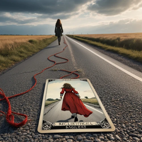 road marking,road of the impossible,crossroads,photo manipulation,fork in the road,crossroad,road to nowhere,playmat,conceptual photography,road forgotten,journey,long road,the road,red string,red cape,girl walking away,changing mat,the road to the sea,digital compositing,road 66,Photography,General,Realistic